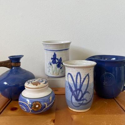 Assortment of Signed Pottery and Ceramics in Blue