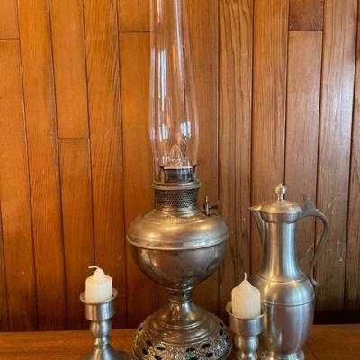 Vintage B&H Oil Style Lamp & Pewter Candlesticks and Pitcher