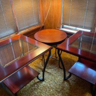 Three Red Wood Glass Top Tables
