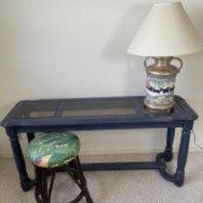 Wood Table with Stool and Lamp