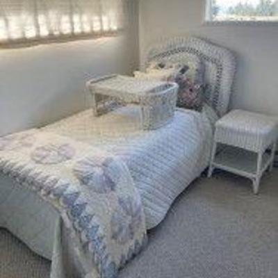White Wicker Bed + Mattress and Bedding, Side Table and Lap Table