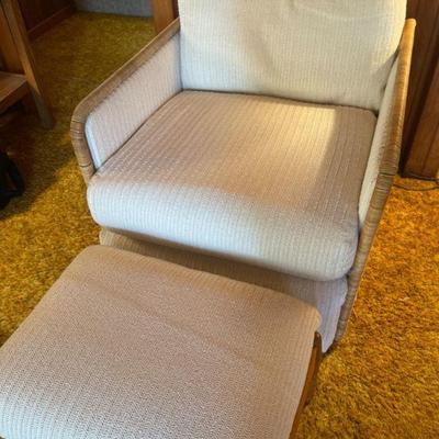 Vintage Rattan White Knitted Chair and Ottoman