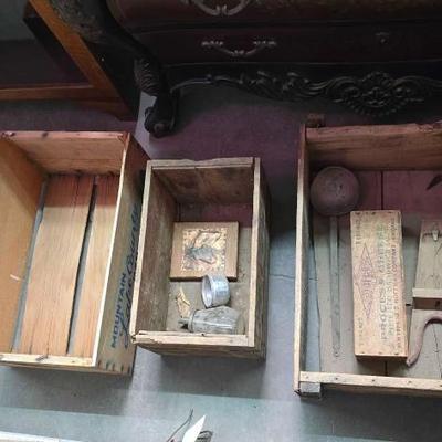 #2216 â€¢ (3) Wooden Crates, Boot Jack and Wood with Metal Horse Picture
