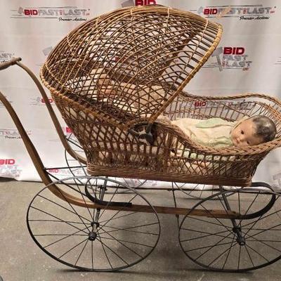 #2138 â€¢ Vintage Baby Carriage with (2) Porcelain Dolls
