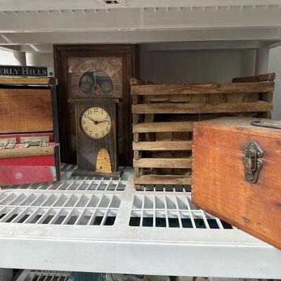 #2256 â€¢ Antique Egg Crate, (2) Clocks, Vintage Card Dispenser & Wooden Box
