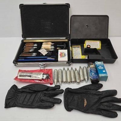 #1706 â€¢ Gun Cleaning Kits, (8) C02 Cartridges, Gun Lock Box
