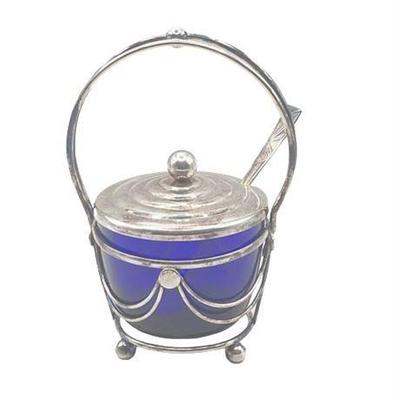 Lot 131   
1920s English Mayonnaise Server Cobalt Glass and Silver Plate