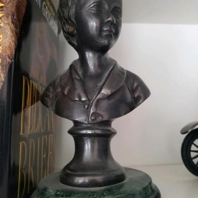 Vintage “bronze” bust of boy on green marble base