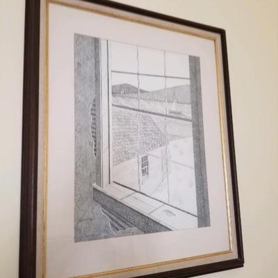 Framed pencil sketch view from a window