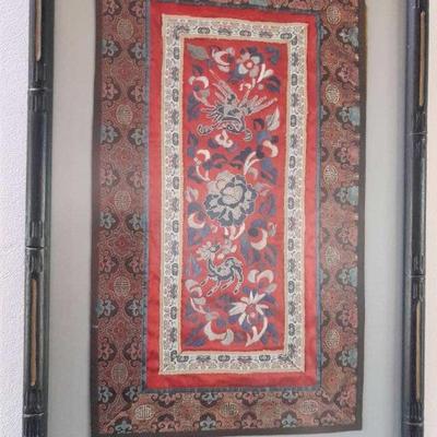Oriental hand embroidered silk panel