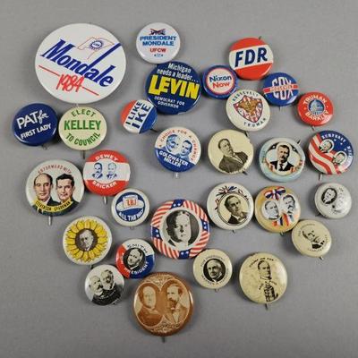 Lot 122 | Antique/Vintage Political Pinback Buttons. Some names include McKinley, Hoover, Truman, Roosevelt, Taft, FDR, Nixon, LBJ, Knox,...
