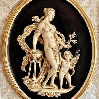 Matching Pair of Large Cameo-Style Chalkware Wall-Hangings HEAVY