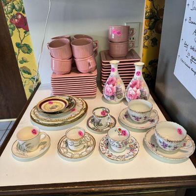 Set of Pink Dishes and Assorted Cups and Saucers