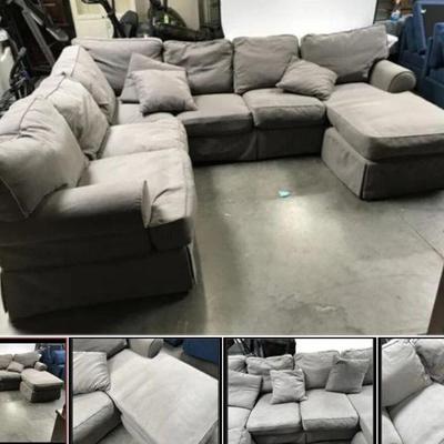 Lot # : 36a - Gray L-Shaped Sectional
waterfowl & polyester cushions, no stains seen, rips or tears seen, made by High Point Furniture...