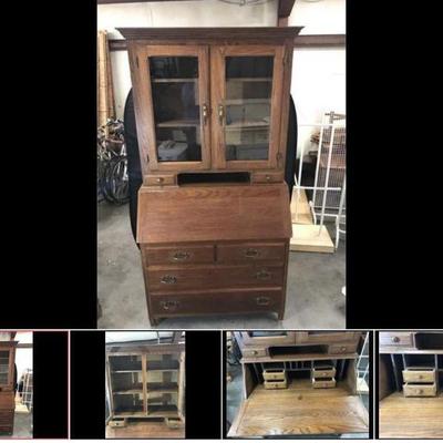 Lot # : 2 - Handmade Oak Drop Front Secretary
raised panel sides, solid Oak constructed, 4 drawers and 6 pencil drawers and 2 pieces for...