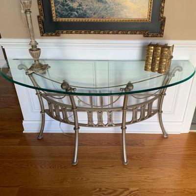 Iron console table with glass top, length 56 inches