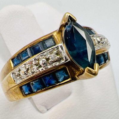 10K Gold Blue Marquis & 3-Row Channel Set Diamond Accent Ring
