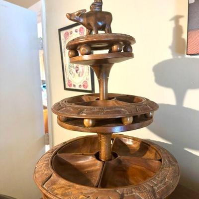 Wooden Tiki Style Tiered Lazy Susan
