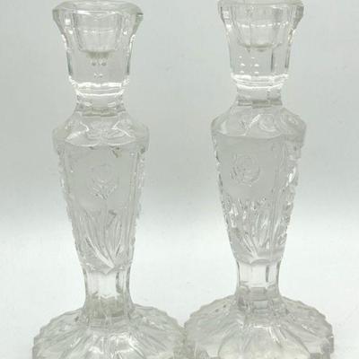 (2) Heavy Vintage Glass Candlesticks With Etched Roses
