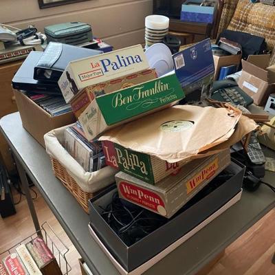 Misc office supplies, cigar boxes