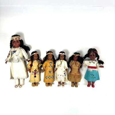 Six Vintage Plastic Native American Indian Dolls