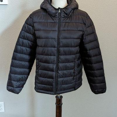 Pull & Bear Women's Size Large Black Lightweight Puffer Jacket with Hood 