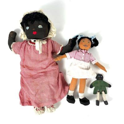 Vintage Stitched Face Black Cloth Doll, Amazing Grace Doll & Wooden Folk Art Doll