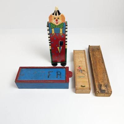 Collection of Four Vintage Wood Pencil Boxes with Sliding Tops