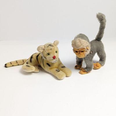 Vintage 1960s Dakin Jestia Mohair Tiger and 1950s Grisly Germany Mohair Monkey