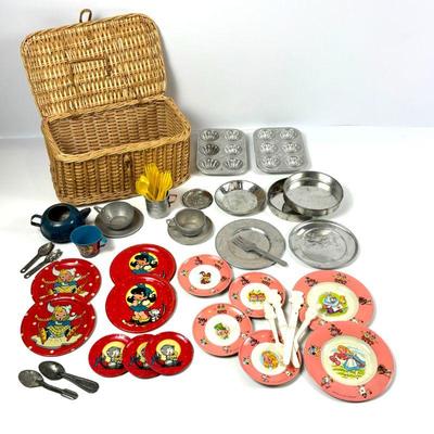 Lot of Vintage Children's Tea Set Pieces Including Disney, Utensils and Bakeware in Basket