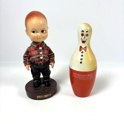 Vintage Buddy Lee Dungarees Advertising Bobble Head Figurine & Pin-Money Pete Plastic Bowler's Kitty Bank