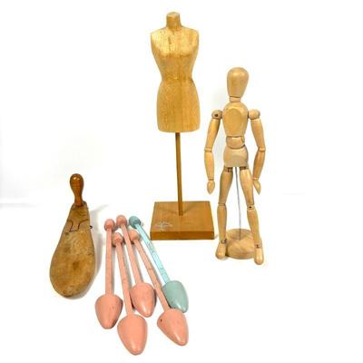 Vintage Wood Shoe Form & Stretchers, Wee Form Doll Size Dress Form & Jointed Mannequin