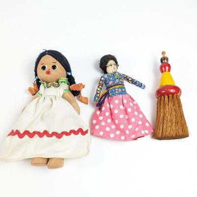 Vintage Mexican Handmade Cloth Dolls Plus Half Doll Broom