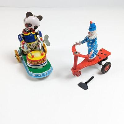 Vintage Drumming Animal Panda & Lemezarugyar Hungary Circus Clown on Tricycle Scooter Tin Toys