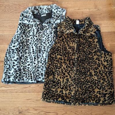Two Women's Size Medium Faux Fur Leopard Print Vests