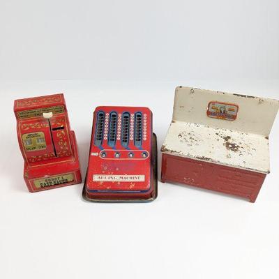 Vintage Buddy L Easy Saver Cash Register, Wolverine Supply Adding Machine, & Pretty Maid Stove Tin Toys
