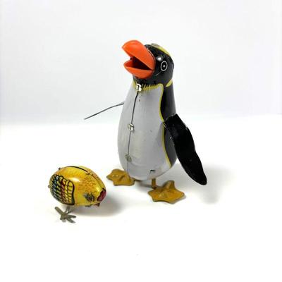 Vintage Wind Up Penguin and Chick Tin Toys