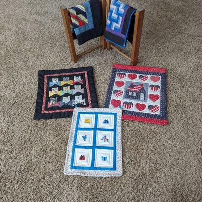 Five Handmade Mini Quilts with Wood Rack