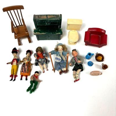 Lot of Vintage Doll House Furniture and Dolls
