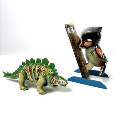 Vintage Blic Wind Up Crawling Stegosaurus Dinosaur and Woodpecker Tin Toys