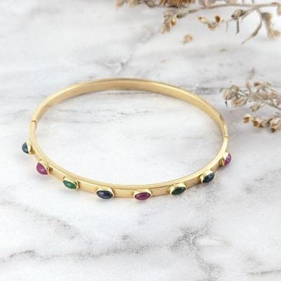 14K Yellow Gold Hinged Bangle Bracelet Set with Rubies , Emeralds & Sapphires