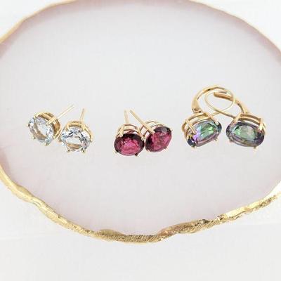 14K Yellow Gold Earrings: Aqua, Garnet & Mystic Topaz