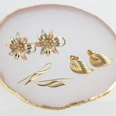 Three Pairs 14K Gold Floral Earrings
