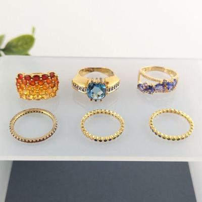 Lot of 6 Gold Tone Sterling Silver & CZ Rings
