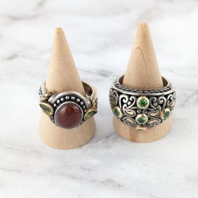 Sterling Silver Rings with 18K/Green Tourmaline Accents & 14K Accents w/ Carnelian & Peridot