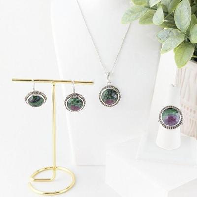 Sterling Silver & Ruby Zoisite Necklace, Ring & Earrings Set - New