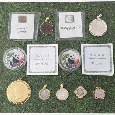 Lot of 7 Collector Coin Pendants & 2 Commemorative Chinese Panda Silver Coins