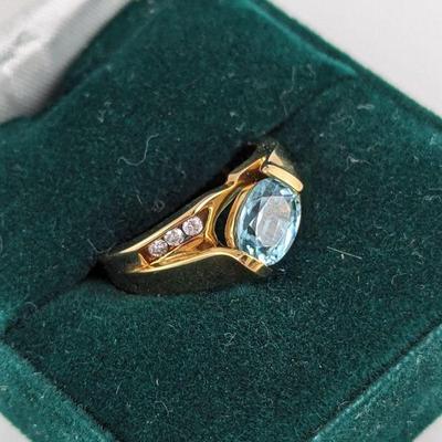 14K Yellow Gold Blue Topaz & Diamond Ring