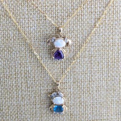 14K Yellow Gold Diamond, Opal, Amethyst & Blue Topaz Boy & Girl Charm Pendant Necklaces