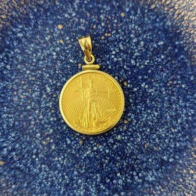 1/4 oz 22K Gold American Eagle Lady Liberty Coin in 14K Surround